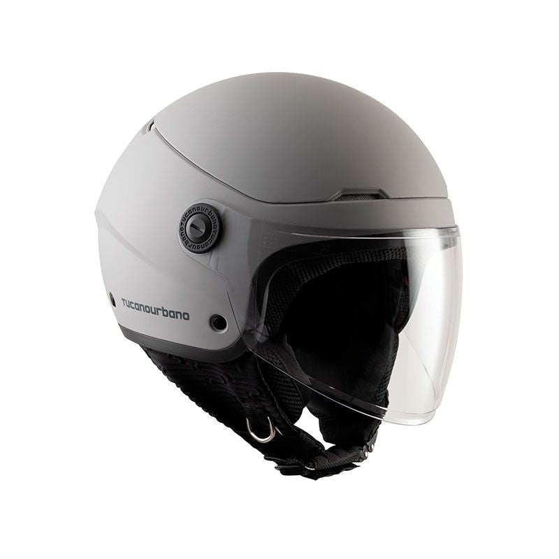 Casco EL'POP, un casco demi-jet in policarbonato grigio chiaro. Ideale per motociclisti urbani. Di TUCANO URBANO.