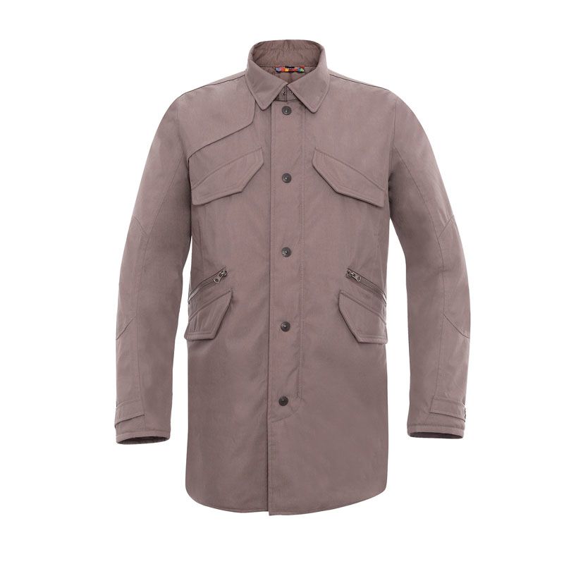 Giacca ROBIN, una giacca invernale beige scuro con dettagli riflettenti. Ideale per motociclisti. Di TUCANO URBANO.