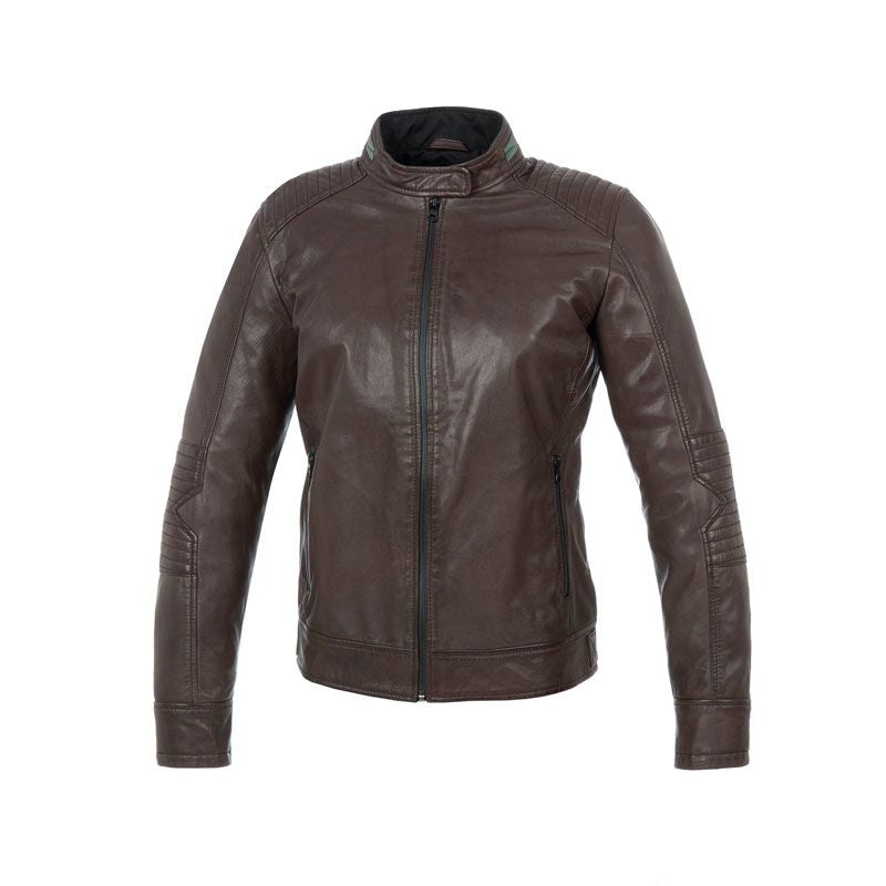 Giacca PELETTE, un capo motociclistico in pelle ovina marrone. Design femminile e ventilazione ottimale. Di TUCANO URBANO.