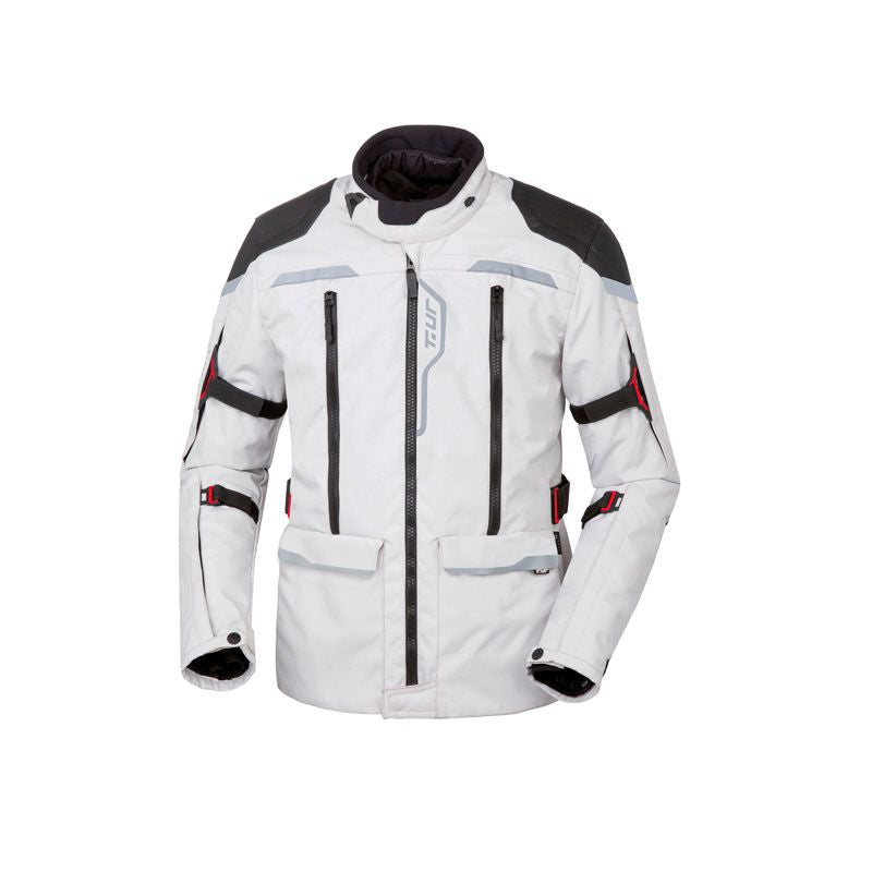 Giacca J-TWO, una giacca moto invernale con protezione modulare. Colori grigio chiaro e rosso. Di T.UR.