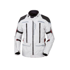 Giacca J-TWO, una giacca moto invernale con protezione modulare. Colori grigio chiaro e rosso. Di T.UR.