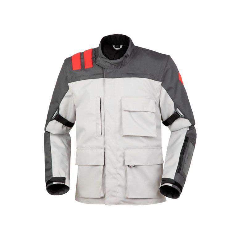 Giacca J-THREE, una giacca moto estiva con maniche staccabili. Colore grigio chiaro rosso. Di T.UR.