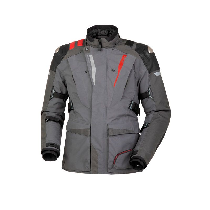 Giacca J-ZERO, una giacca invernale moto con protezione modulare. Colore grigio scuro rosso. Di T.UR.