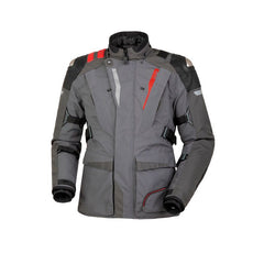 Giacca J-ZERO, una giacca invernale moto con protezione modulare. Colore grigio scuro rosso. Di T.UR.