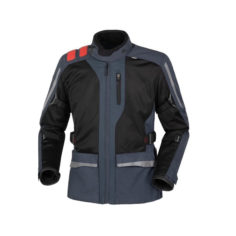 Giacca J-FOUR, una giacca estiva moto con protezione modulare. Colori Blu scuro-rosso. Di T.UR.