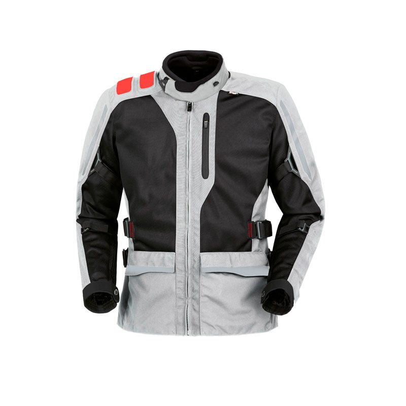 Giacca J-FOUR, una giacca estiva con protezione modulare a 2 strati. Colori grigio chiaro e rosso. Di T.UR.