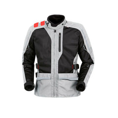 Giacca J-FOUR, una giacca estiva con protezione modulare a 2 strati. Colori grigio chiaro e rosso. Di T.UR.