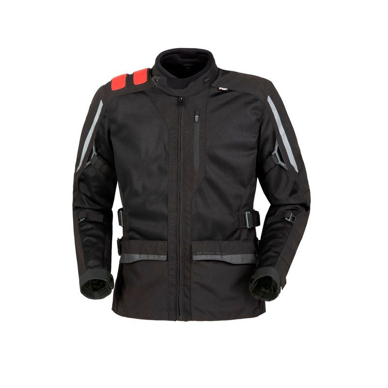 Giacca J-FOUR, una giacca estiva moto leggera e traspirante. Colore nero e rosso. Di T.UR.