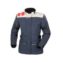 Giacca J-ONE LADY, una giacca moto con sistema di protezione modulare. Colore blu scuro rosso. Di T.UR.