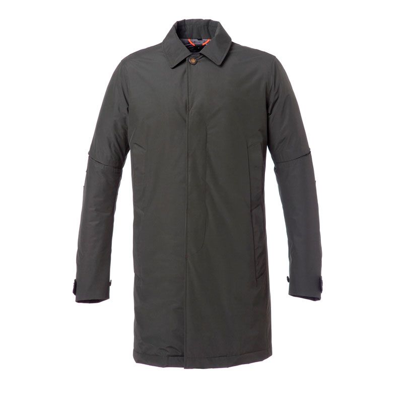 Giacca LEANDRO, un trench lungo impermeabile verde scuro. Ideale per avventure in moto. Di TUCANO URBANO.