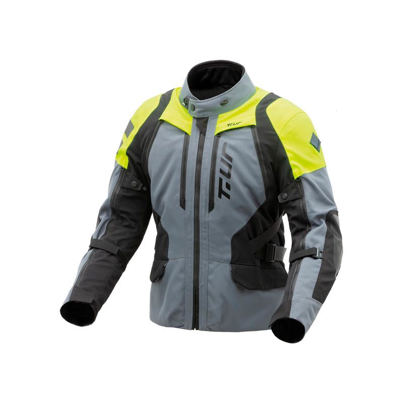 Giacca USHUAIA HYDROSCUD, una giacca moto invernale grigia gialla fluo. Design a 3 strati, impermeabile. Di T.UR.