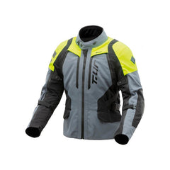 Giacca USHUAIA HYDROSCUD, una giacca moto invernale grigia gialla fluo. Design a 3 strati, impermeabile. Di T.UR.