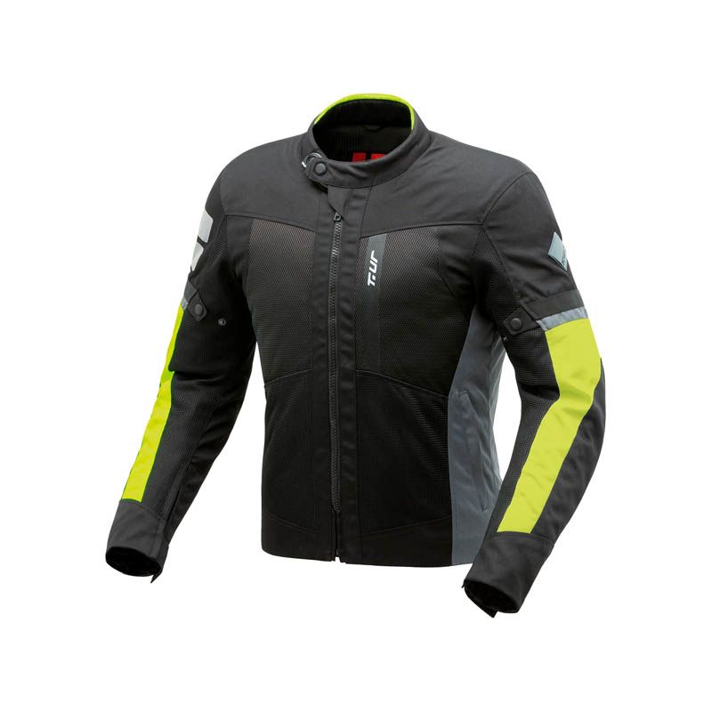 Giacca ETNA HYDROSCUD, una giacca moto grigio giallo fluo. Design a 2 strati, tessuto traspirante. Di T.UR.
