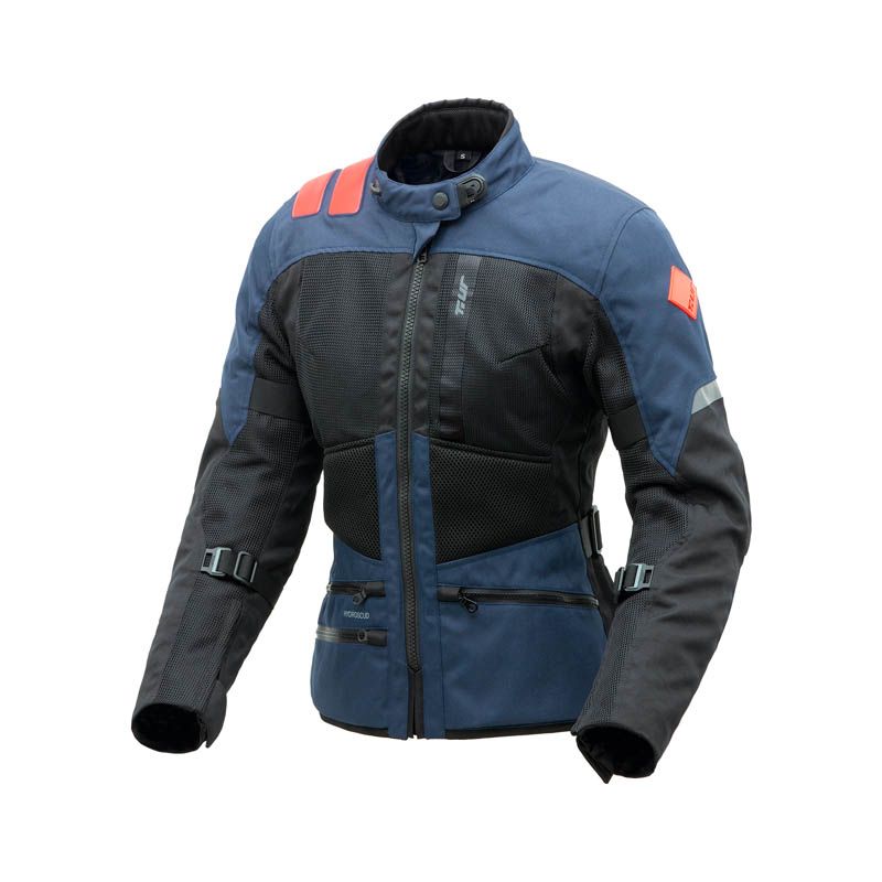 Giacca TRANSFER HYDROSCUD LADY, una giacca moto estiva blu-nero. Protezione certificata EN 17092:2020. Di T.UR.