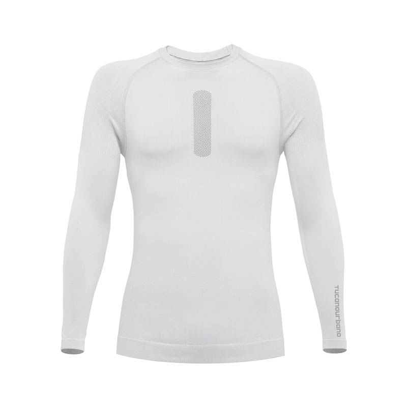 Maglia Tecnica UPSKIN, una maglia bianca seamless leggera. Ideale per attività all'aperto. Di TUCANO URBANO.
