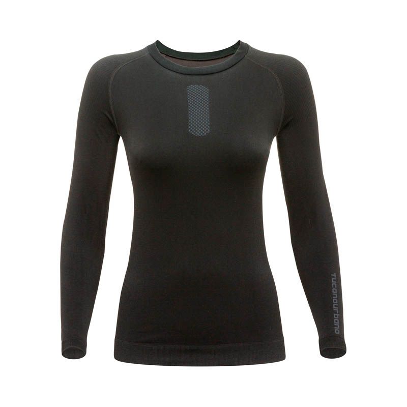 Maglia Tecnica UPSKIN LADY, una maglia seamless nera. Ideale per moto. Di TUCANO URBANO.