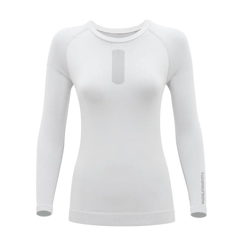 Maglia Tecnica UPSKIN LADY, una maglia bianca seamless. Ideale per motociclisti. Di TUCANO URBANO.