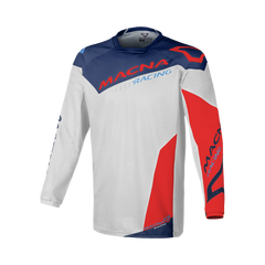 Maglia Cross Macna Backyard-1, con maniche lunghe e tessuto traspirante. Colori grigio, blu e rosso.