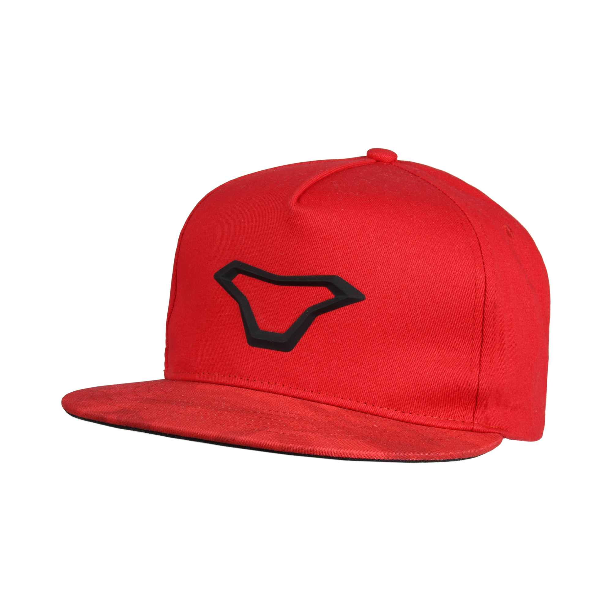 Cappellino Snapback, un cappellino con logo 3D. Colore rosso/nero. Di Macna.