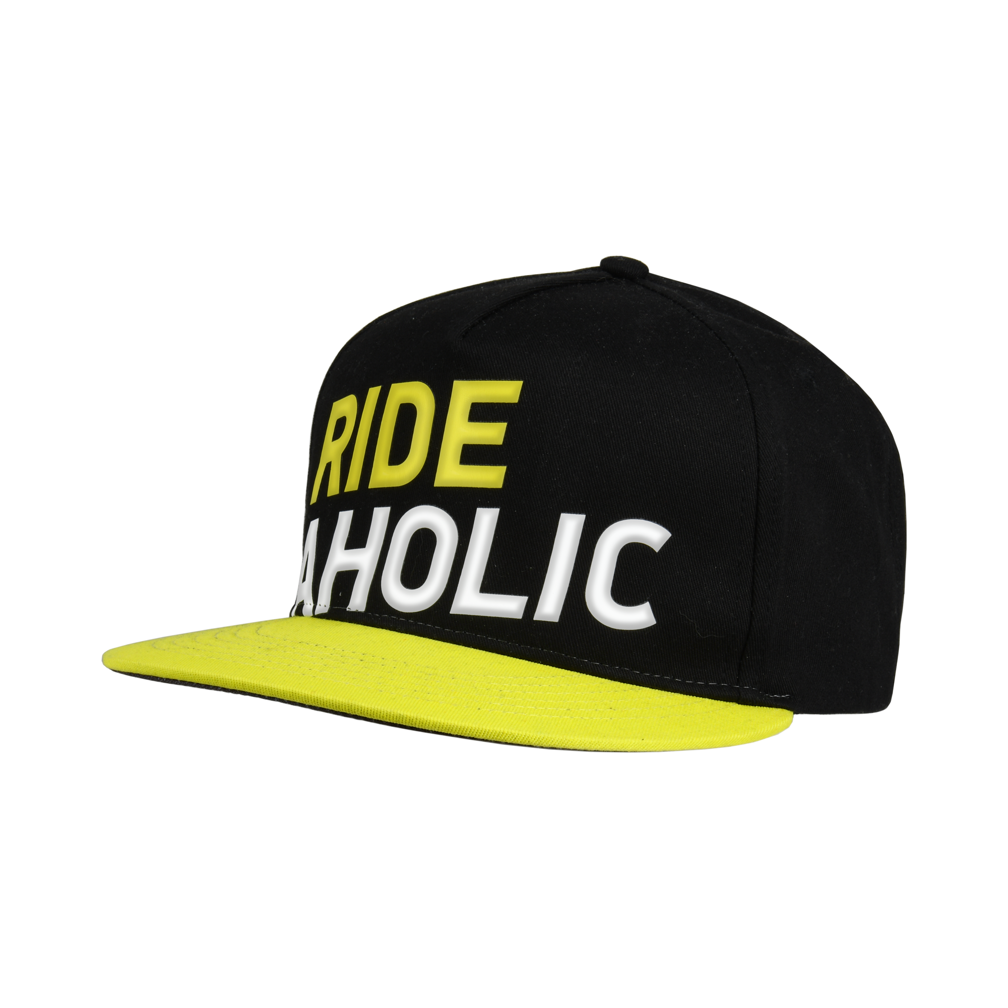 Cappellino Snapback Ride aholic, un cappellino nero e giallo. Design accattivante e comfort eccezionale. Di Macna.