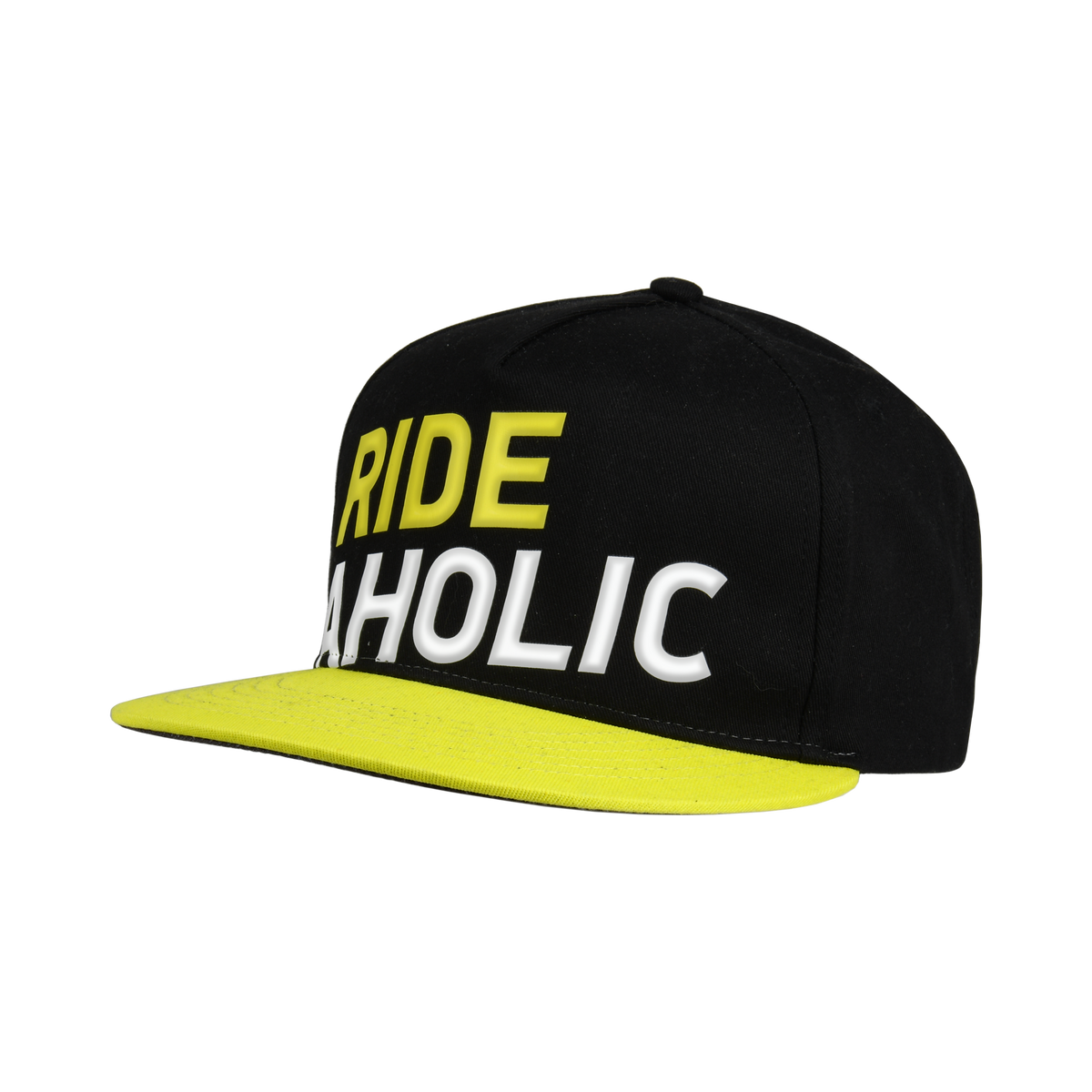 Cappellino Snapback Ride aholic, un cappellino nero e giallo. Design accattivante e comfort eccezionale. Di Macna.