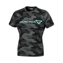 T-Shirt Donna Macna Dazzle Logo 2.0, traspirante e lavabile. Colori nero, grigio e verde menta.