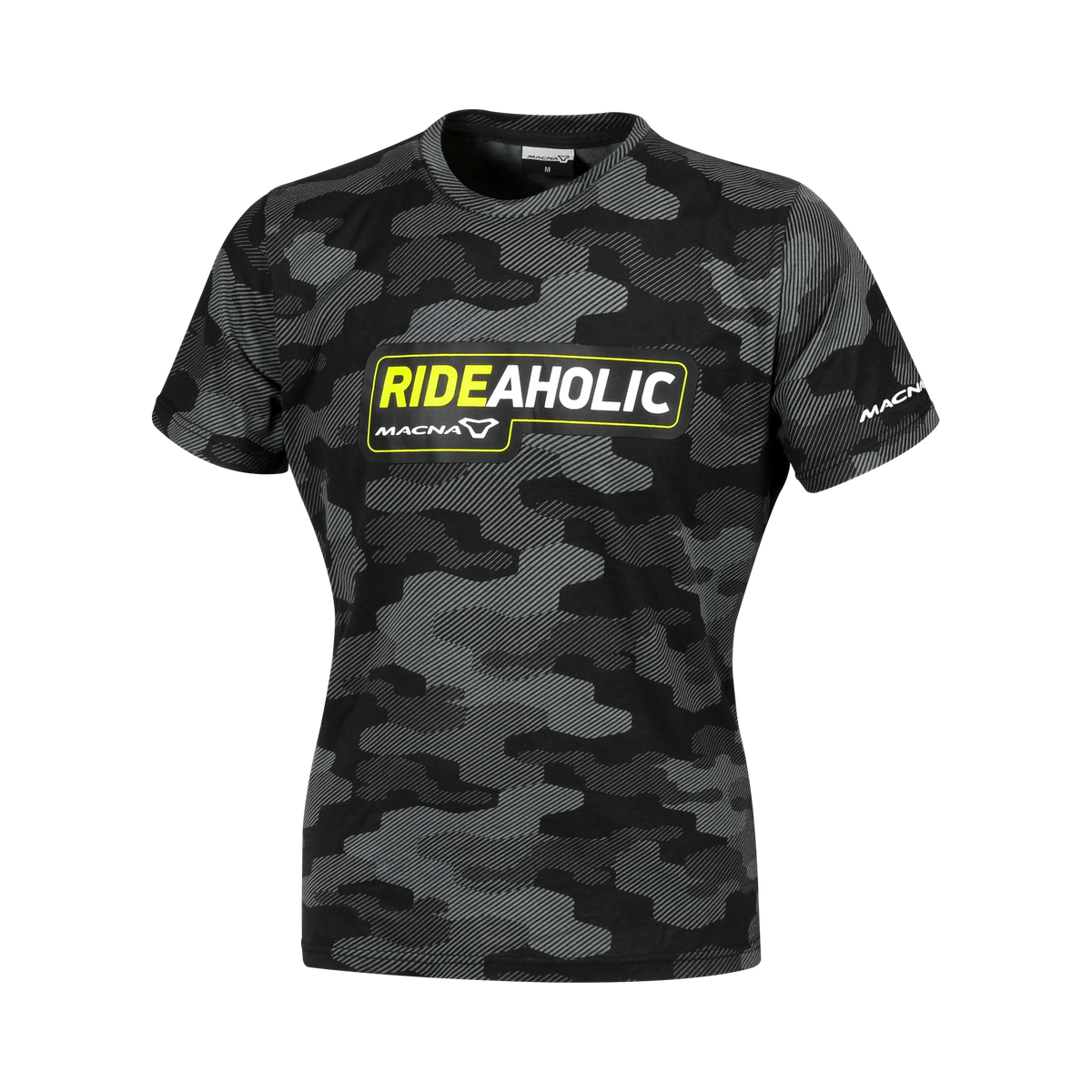 T-Shirt Macna Dazzle Rideaholic Donna, con design nero/grigio/giallo fluo. Ideale per motociclisti. Di Macna.