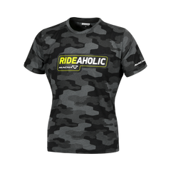 T-Shirt Macna Dazzle Rideaholic Donna, con design nero/grigio/giallo fluo. Ideale per motociclisti. Di Macna.