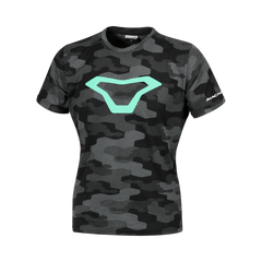 T-Shirt Donna Macna Dazzle Wing 2.0, traspirante e resistente. Design moderno in nero, grigio e verde menta.