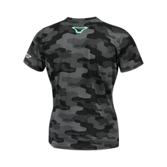 T-Shirt Donna Macna Dazzle Wing 2.0, traspirante e resistente. Design moderno in nero, grigio e verde menta.