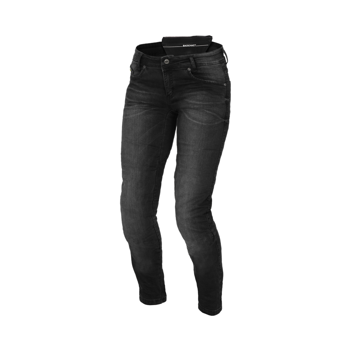 Jeans da Moto Donna, un prodotto Macna con tessuto Rockmesh traspirante. Colore nero/blu.